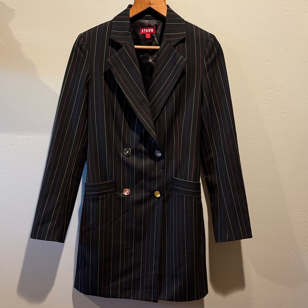 STAUD Black Pinstripe Double-Breasted Blazer Mini Dress with Multicolor Buttons